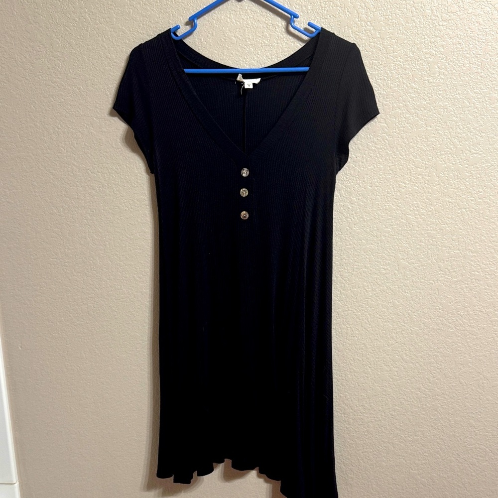 See You Monday Black V-Neck Dress with Buttons